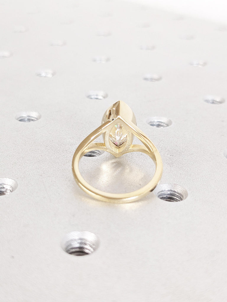 Bezel Set 14k Solid Gold Split Shank Ring, Marquise Cut Moissanite Anniversary Ring, Vintage Promise Ring for Her, Moissanite Statement Ring