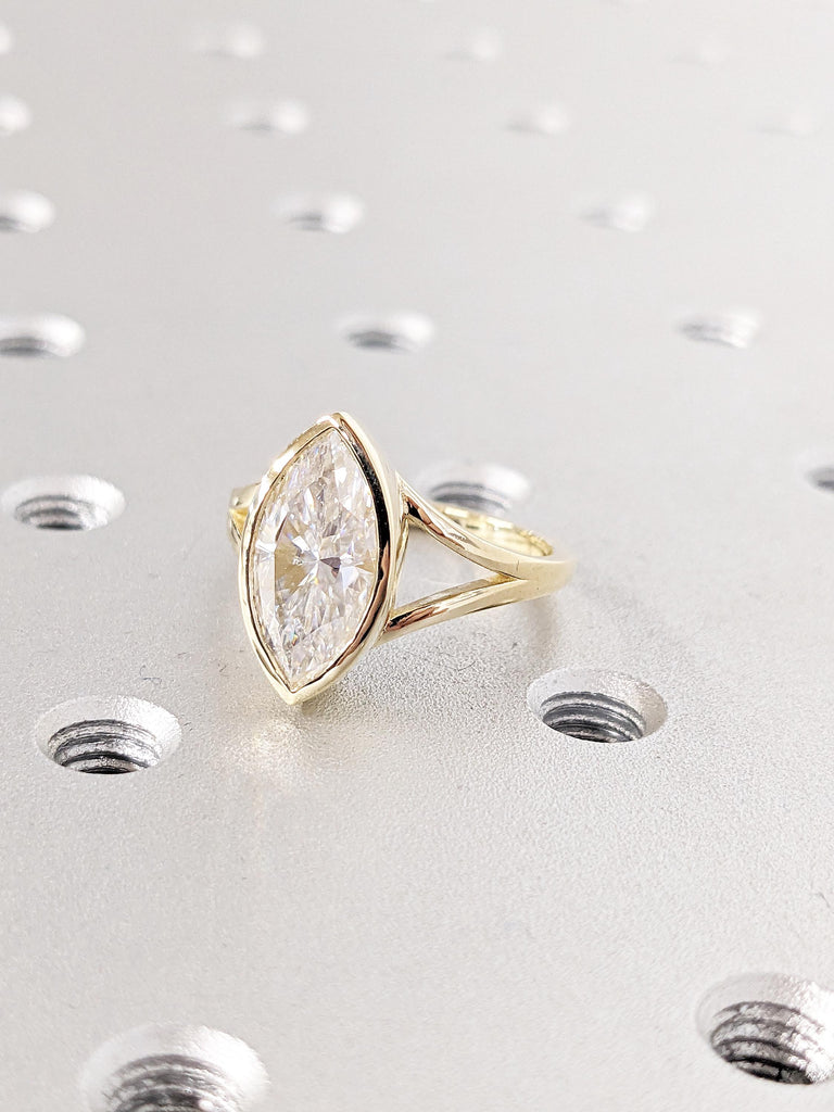 Bezel Set 14k Solid Gold Split Shank Ring, Marquise Cut Moissanite Anniversary Ring, Vintage Promise Ring for Her, Moissanite Statement Ring