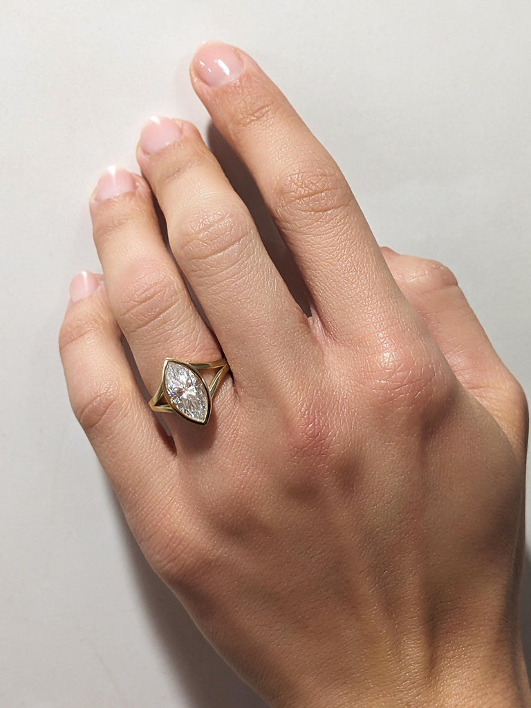 Bezel Set 14k Solid Gold Split Shank Ring, Marquise Cut Moissanite Anniversary Ring, Vintage Promise Ring for Her, Moissanite Statement Ring