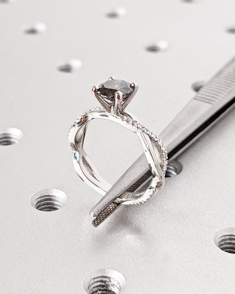 Twist Salt and Pepper Diamond Engagement Ring • Platinum • 14K Solid Gold • Twisted Band Ring • Diamond Pave Wedding Ring • Anniversary Ring