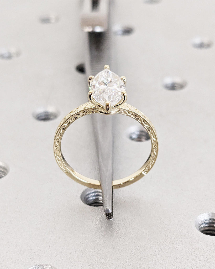 Marquise Cut Moissanite Ring Vintage Moissanite Engagement Ring Solid Gold Unique Classic Solitaire Engagement Ring Filigree Hand Carved