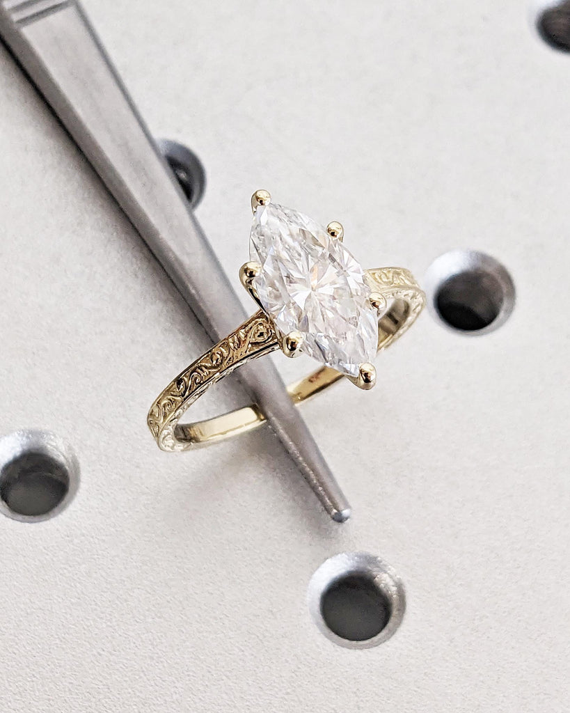 Marquise Cut Moissanite Ring Vintage Moissanite Engagement Ring Solid Gold Unique Classic Solitaire Engagement Ring Filigree Hand Carved