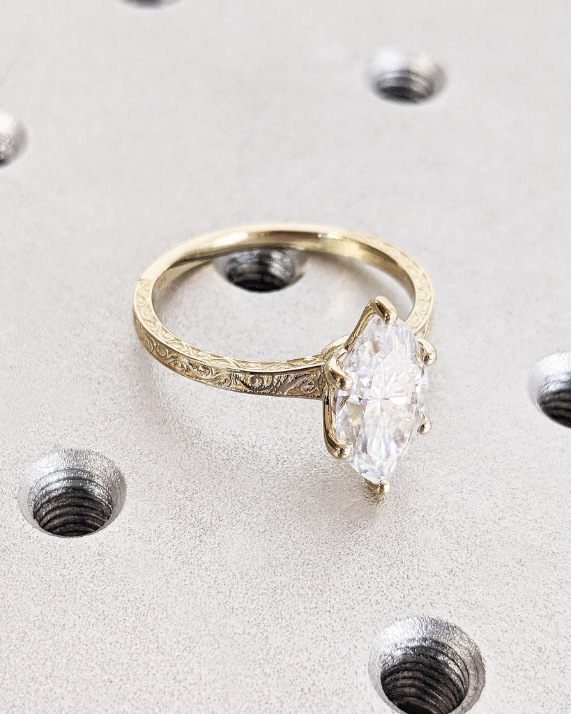Marquise Cut Moissanite Ring Vintage Moissanite Engagement Ring Solid Gold Unique Classic Solitaire Engagement Ring Filigree Hand Carved