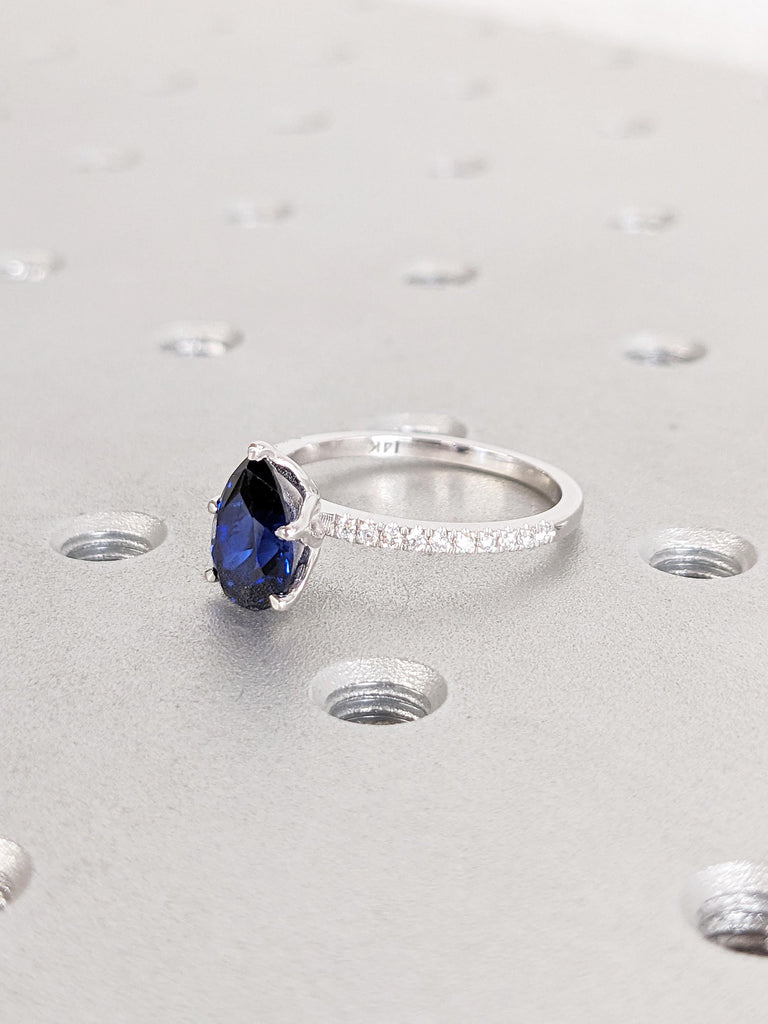Pear Cut Lab Sapphire Engagement Ring, 14k White Gold Promise Rings for Women, Diamond Half Eternity Ring, Blue Sapphire Ring, Bridal Gift