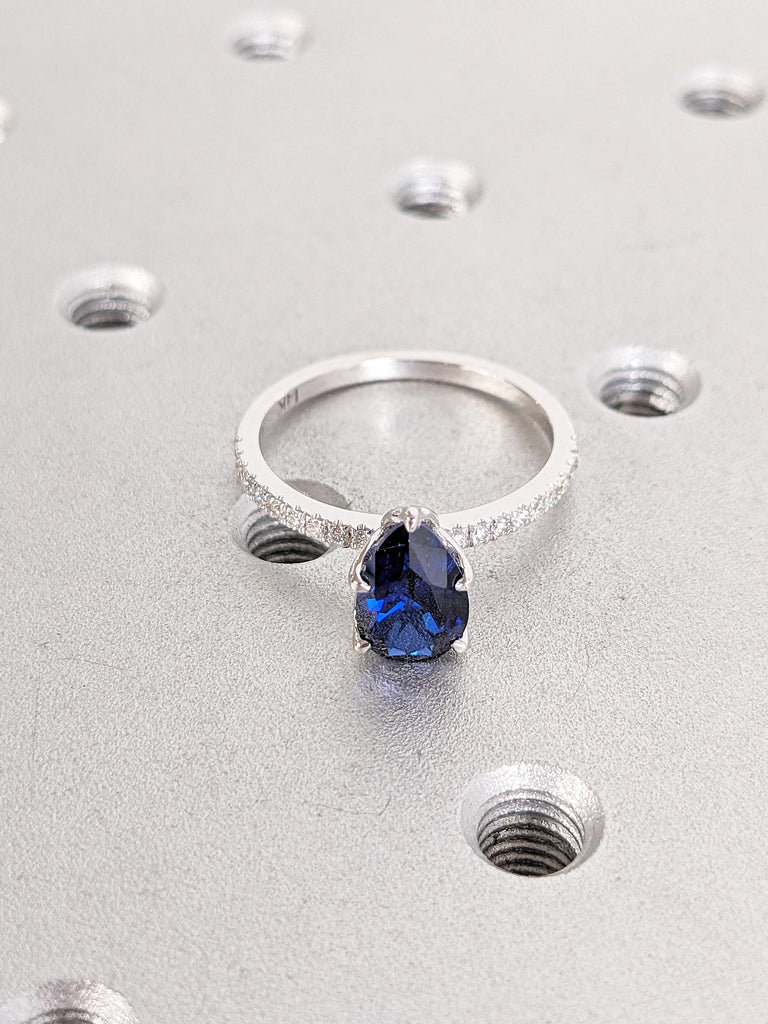 Pear Cut Lab Sapphire Engagement Ring, 14k White Gold Promise Rings for Women, Diamond Half Eternity Ring, Blue Sapphire Ring, Bridal Gift