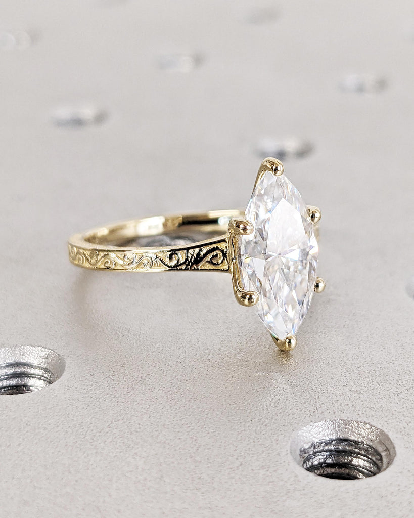 Marquise Cut Moissanite Ring Vintage Moissanite Engagement Ring Solid Gold Unique Classic Solitaire Engagement Ring Filigree Hand Carved