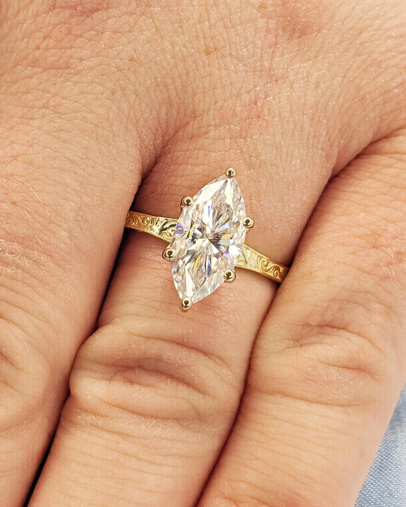 Marquise Cut Moissanite Ring Vintage Moissanite Engagement Ring Solid Gold Unique Classic Solitaire Engagement Ring Filigree Hand Carved