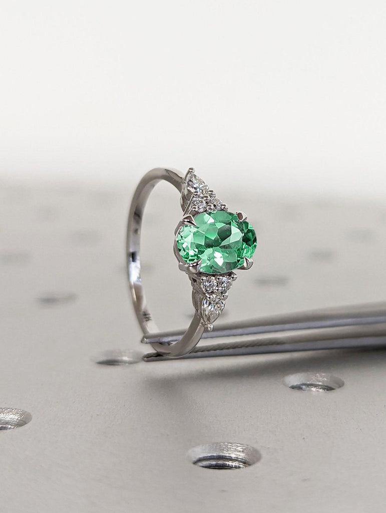 Unique Green Lab Sapphire Ring | Solid White Gold Sapphire and Man Made Diamond Promise Ring | 14k Gold Rings for Women | Oval cut Engagement Ring