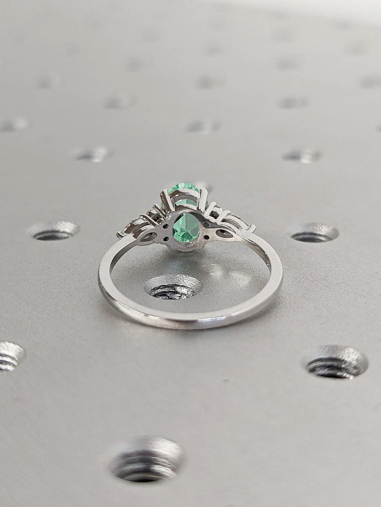 Unique Green Lab Sapphire Ring | Solid White Gold Sapphire and Diamond Promise Ring | 14k Gold Rings for Women | Oval cut Engagement Ring