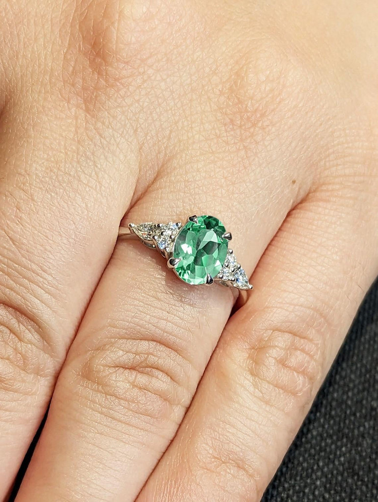 Oval Cut Green Sapphire Engagement Ring | Unique Green Sapphire and Diamond Cluster Ring | Wedding Bridal Ring | 14k/18k White Gold Ring