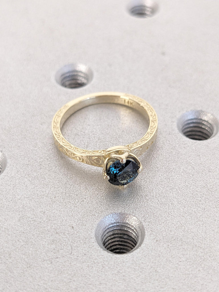 Vintage Tulip Engagement Ring | Natural Teal Sapphire Solitaire | 14k Gold Petal Prong Set Flower Basket Setting Engagement Filigree Ring