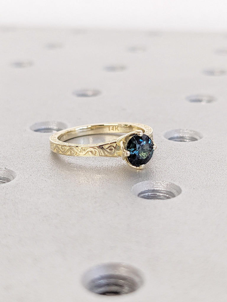 Round Teal Sapphire Engagement Ring, Peacock Green Sapphire Solitaire, Compass Setting Ring, Floral Tulip Gallery Flower Basket Setting Ring