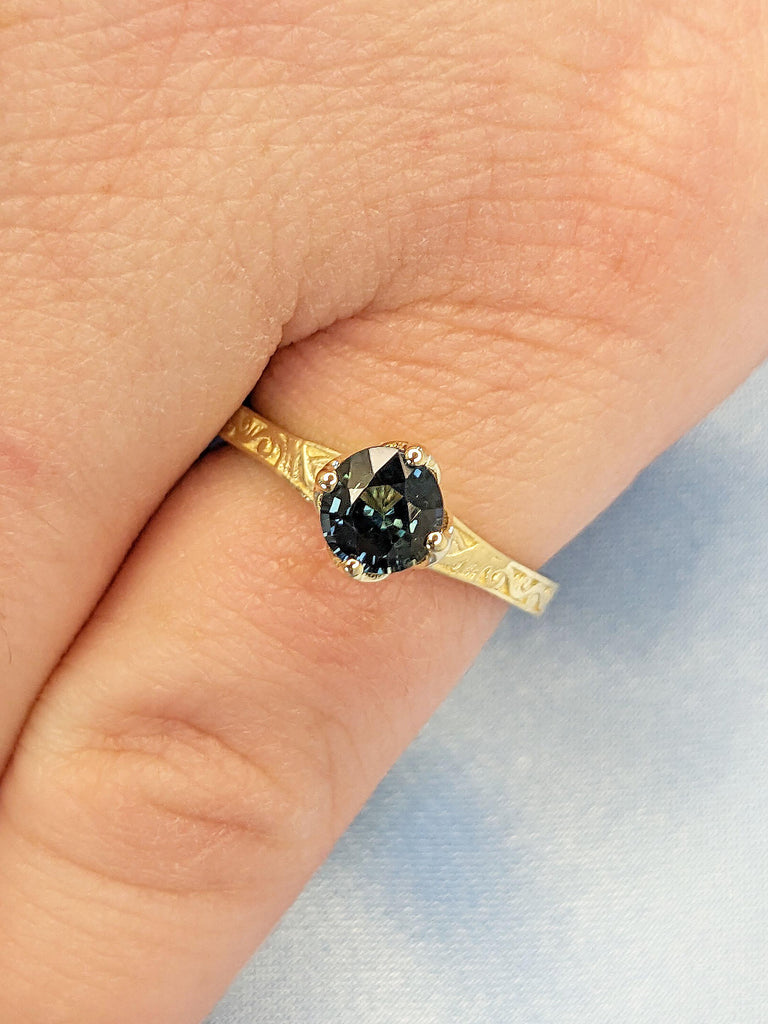 Unique Blue Green Sapphire Engagement Ring | Round Sapphire Ring | 14k Yellow Gold Sapphire Wedding Anniversary Ring