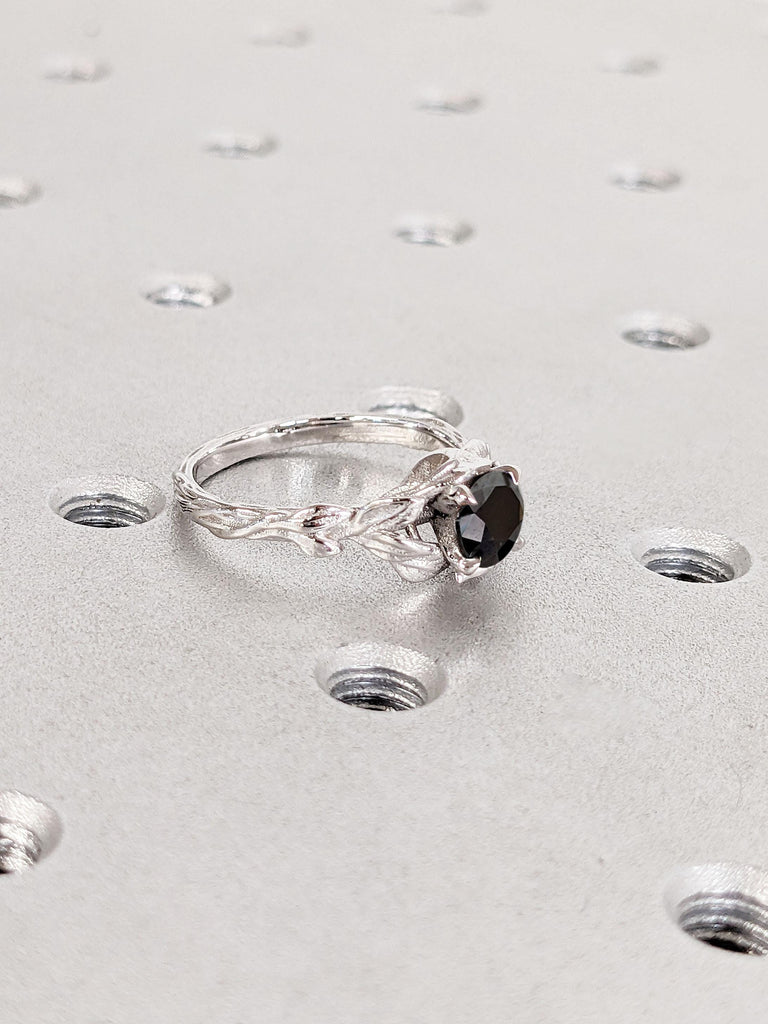 Nature Inspired Black Onyx Wedding Ring | Solid White Gold Solitaire Ring