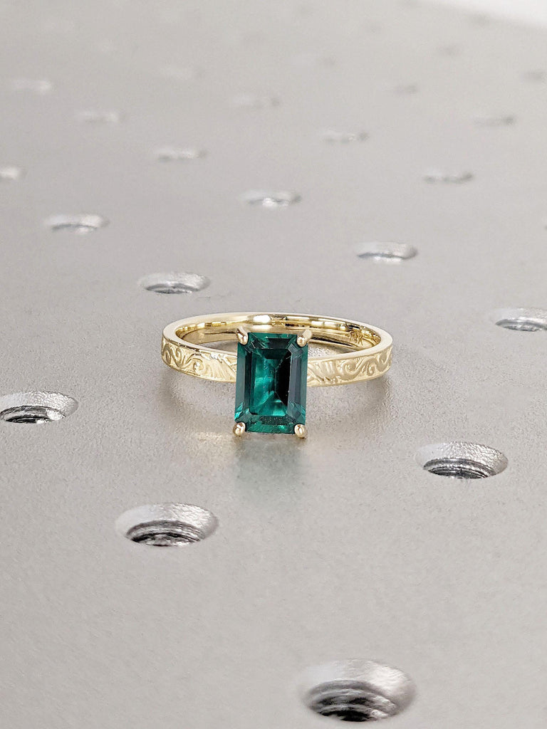 1.5ct Lab Grown Emerald Solitaire Engagement Ring | 14K Yellow Gold Swirling Pattern Vintage Handmade Engagement Ring