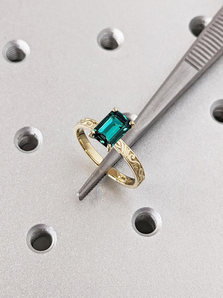 1.5ct Emerald cut Green Emerald Solitaire 14K Yellow Gold Scrollwork Engraving Vintage Proposal Ring