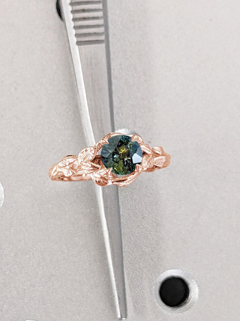Rose Gold Engagement Ring | Teal Sapphire Solitaire Ring | Something Blue Wedding Ring | Round Sapphire Promise Anniversary Ring for Her