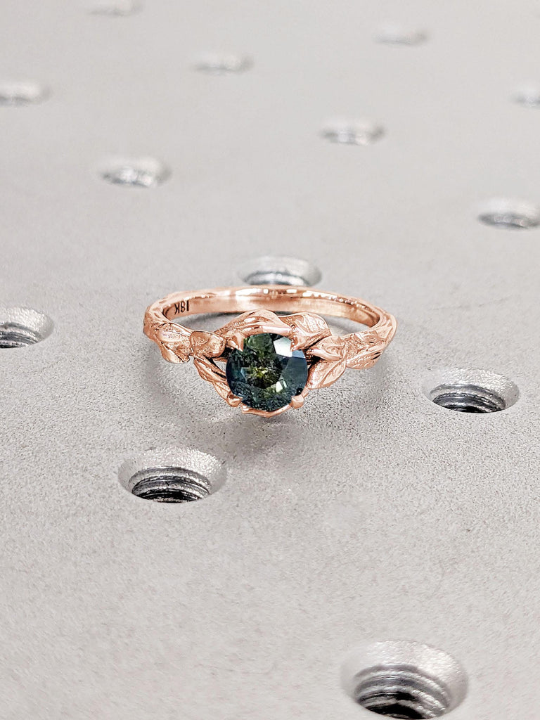 Something Blue Wedding Nature Inspired Ring | Natural Blue Green Sapphire Wedding Anniversary Ring | Gift for Wife | Round Sapphire Ring