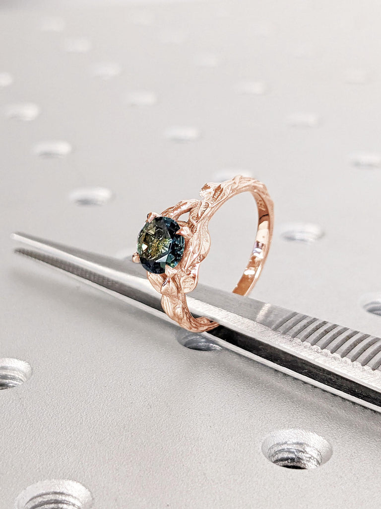 Nature Inspired Blue Green Sapphire Promise Ring | Leaves and Twigs Ring | Rustic Engagement Ring