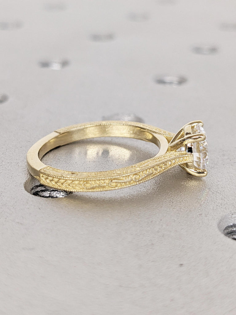 Round Cut Moissanite Ring | Unique Milgrain 14k Yellow Gold Wedding Ring | Filigree Moissanite Engagement Ring | Anniversary Rings for Women
