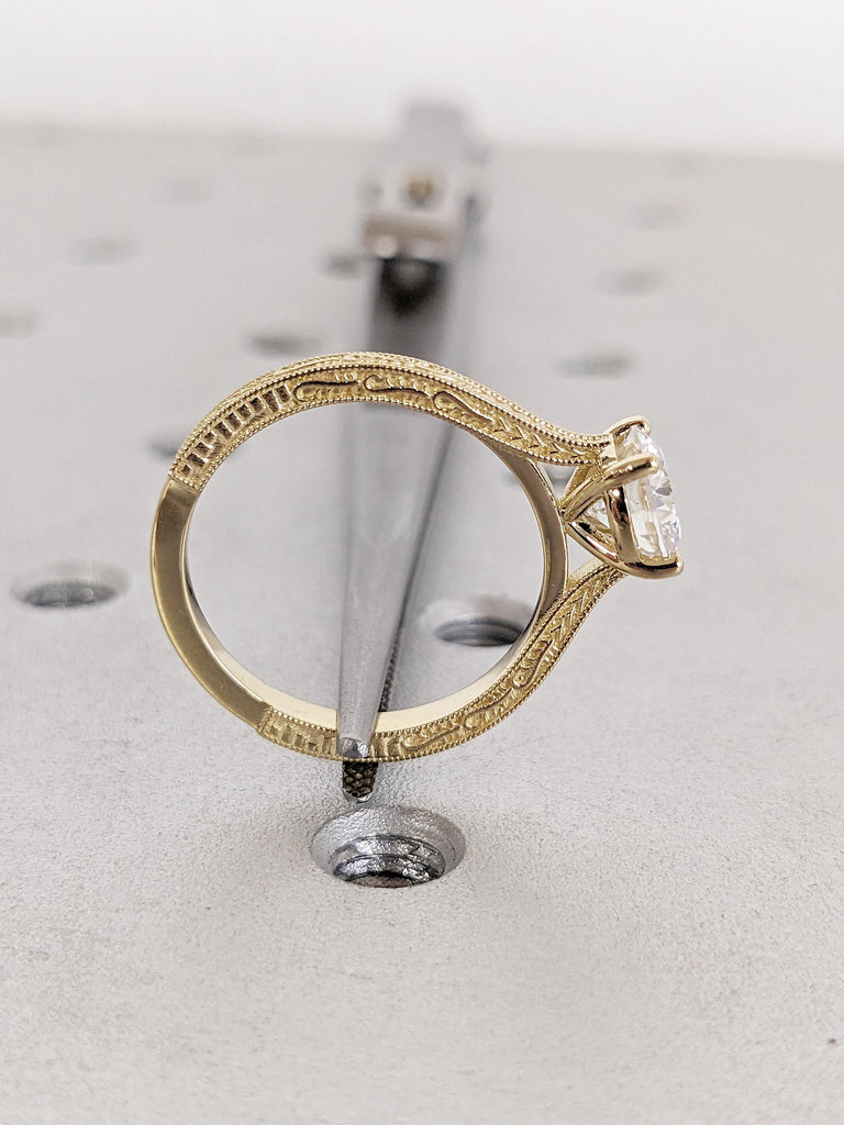 Round Cut Moissanite Ring | Unique Milgrain 14k Yellow Gold Wedding Ring | Filigree Moissanite Engagement Ring | Anniversary Rings for Women