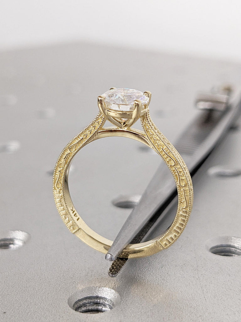 Round Cut Moissanite Ring | Unique Milgrain 14k Yellow Gold Wedding Ring | Filigree Moissanite Engagement Ring | Anniversary Rings for Women