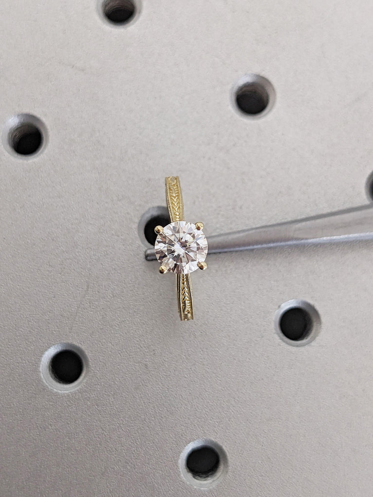 Unique Lab Created Diamond Ring, Filigree 14k Yellow Gold Vintage Ring, Round Cut Lab Diamond Ring, Milgrain Anniversary Ring, Gift for Mom