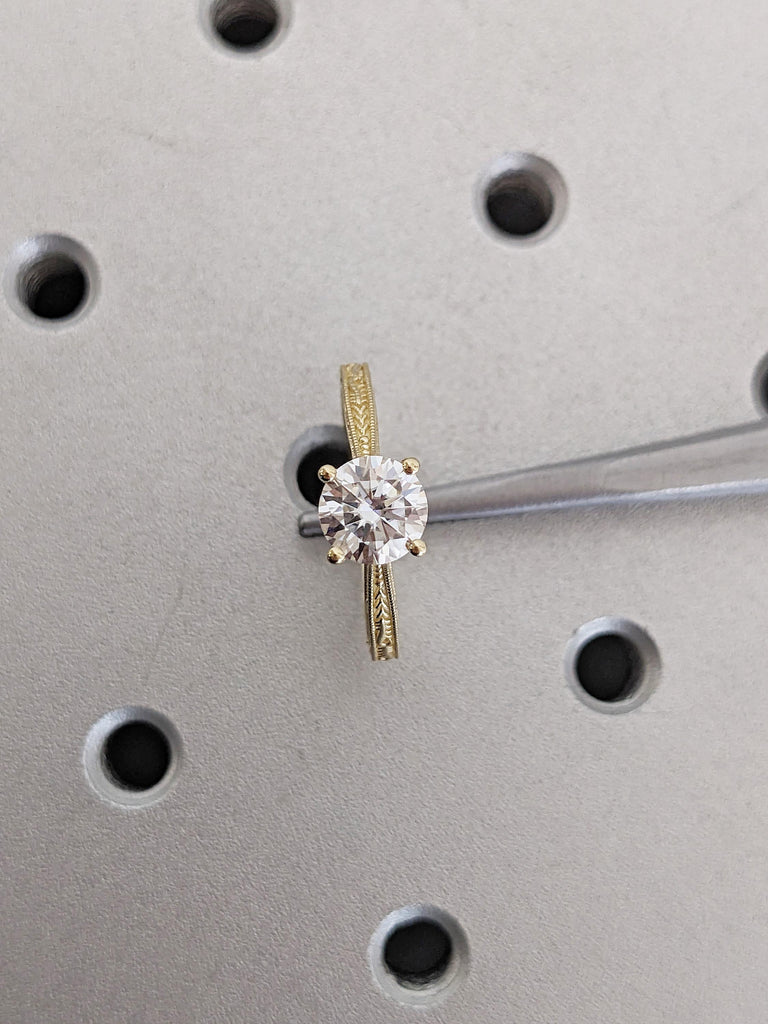 Round Cut Moissanite Ring | Unique Milgrain 14k Yellow Gold Wedding Ring | Filigree Moissanite Engagement Ring | Anniversary Rings for Women