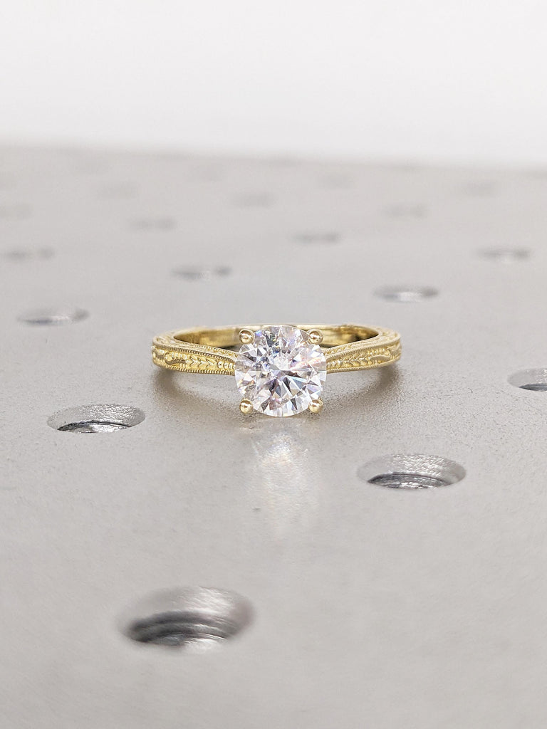 Filigree 14k Solid Gold Wedding Rings for Women, Solitaire Lab Grown Diamond Ring, Round Lab Diamond Engagement Ring, Milgrain Promise Ring