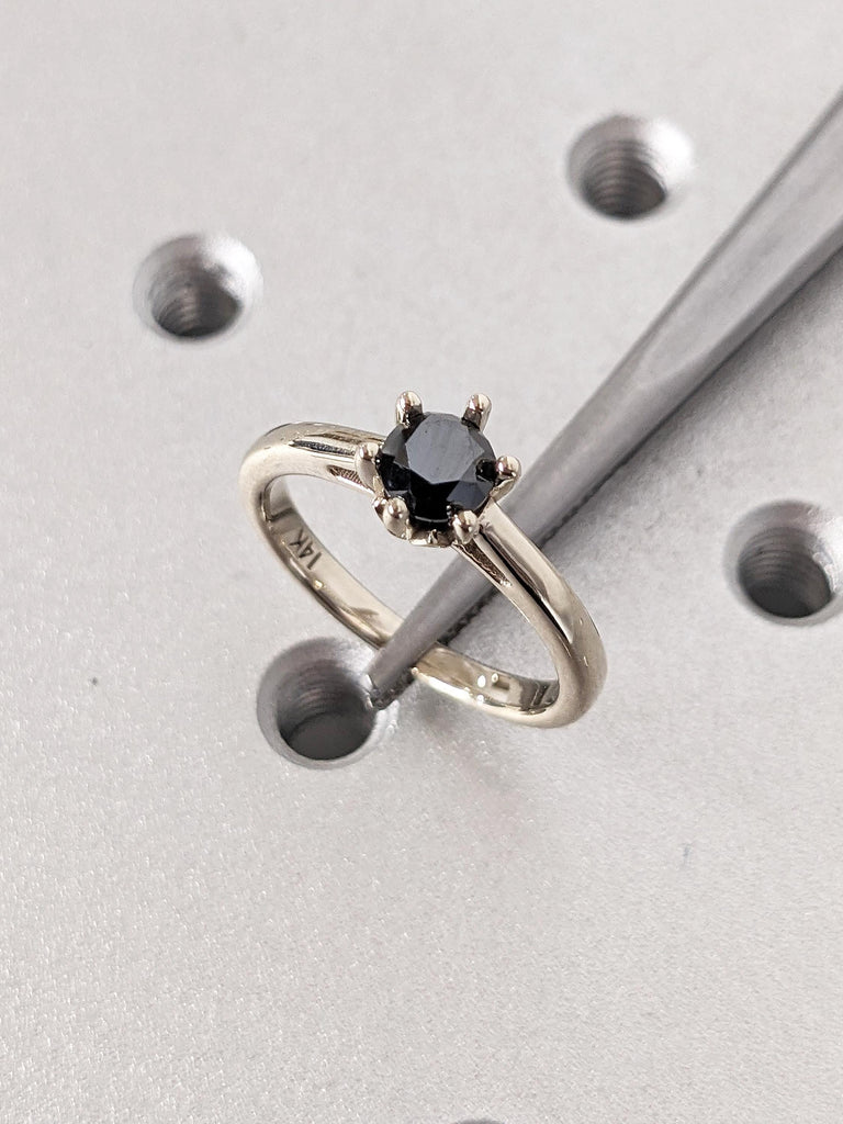 Solitaire Round Black Diamond Engagement Ring | 14k White Gold Wedding Band | Nature Inspired Hidden Diamond Ring | Unique Anniversary Rings