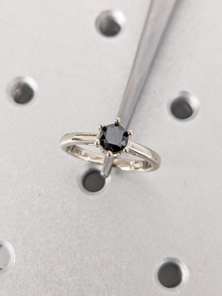 Solitaire Round Black Diamond Engagement Ring | 14k White Gold Wedding Band | Nature Inspired Hidden Diamond Ring | Unique Anniversary Rings