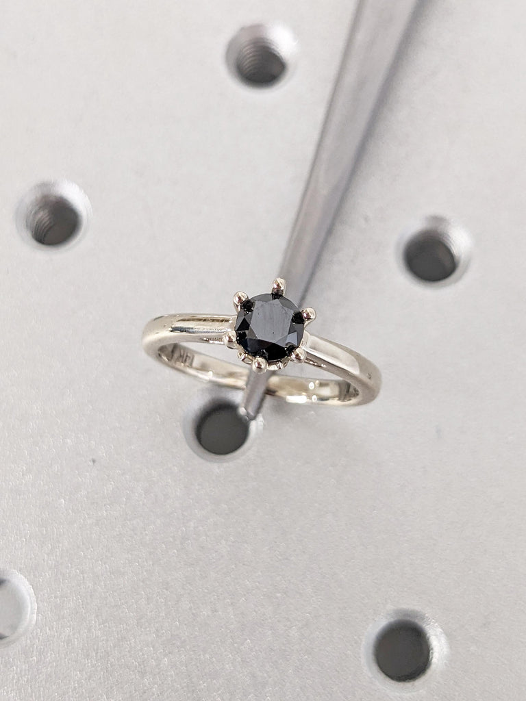 Minimalist 14k White Gold Wedding Ring, Round Black Diamond Ring, Hidden Moissanite or Diamond Rings for Women, Unique Promise Ring for Her