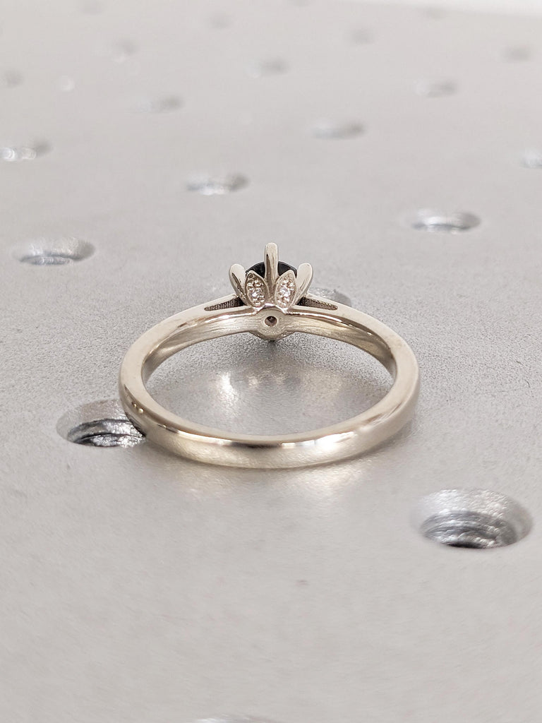Solitaire Round Black Diamond Engagement Ring | 14k White Gold Wedding Band | Nature Inspired Hidden Diamond Ring | Unique Anniversary Rings