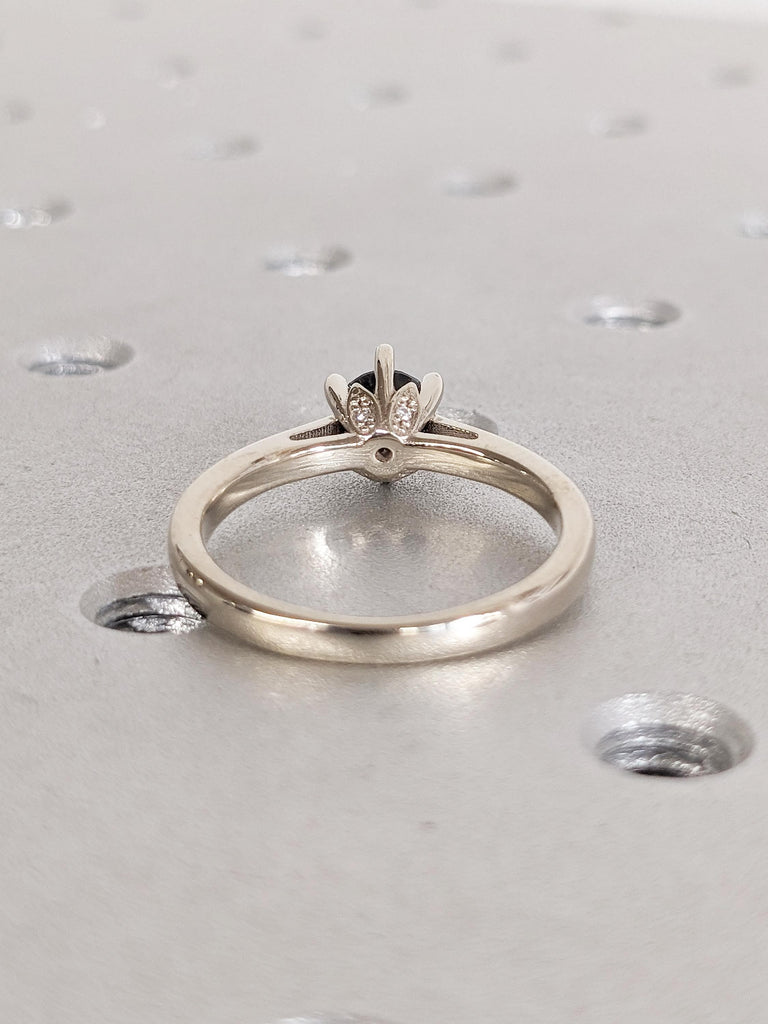 Minimalist 14k White Gold Wedding Ring, Round Black Diamond Ring, Hidden Moissanite or Diamond Rings for Women, Unique Promise Ring for Her