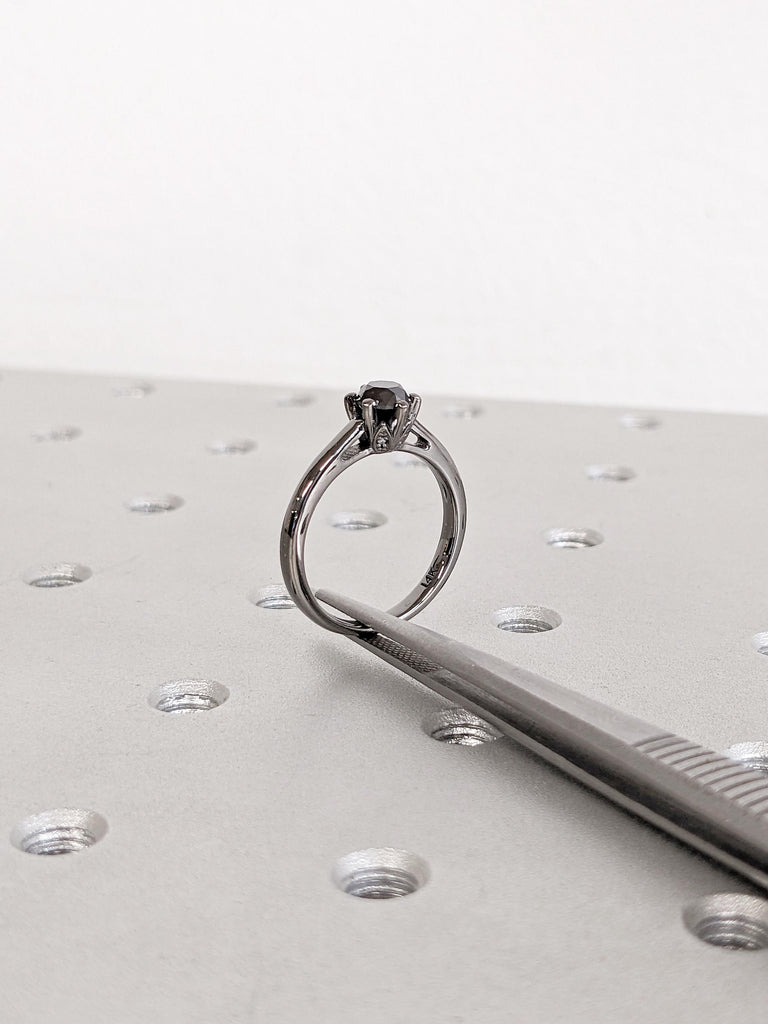 14k Black Gold Wedding Rings for Women | Vintage Round Black Diamond Ring | Hidden Diamond Anniversary Ring | Minimalist Ring | Gift for Her