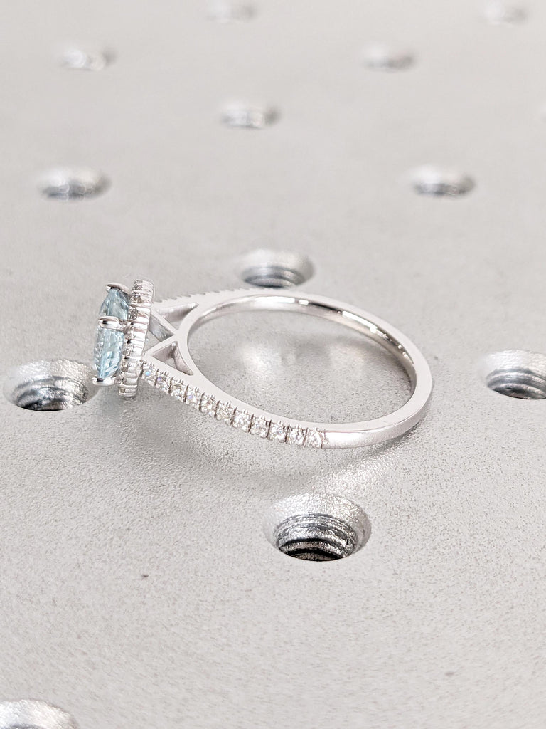 Vintage Lab Aquamarine Ring, Half Eternity 14k White Gold Comfort Fit Rings, Unique Moissanite or Diamond Halo Wedding Ring, Gift for Wife