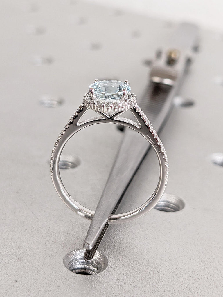 Round Cut Lab Aquamarine Engagement Ring, 14k White Gold Women Comfort Fit Wedding Band, Art Deco Aquamarine Ring, Diamond Halo Promise Ring