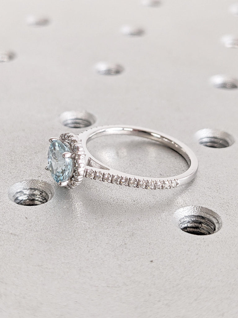 Round Cut Lab Aquamarine Engagement Ring, 14k White Gold Women Comfort Fit Wedding Band, Art Deco Aquamarine Ring, Diamond Halo Promise Ring