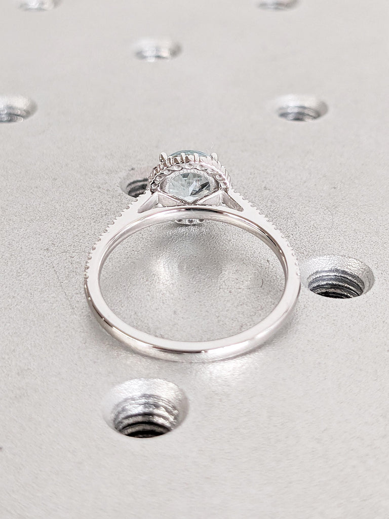 Vintage Lab Aquamarine Ring, Half Eternity 14k White Gold Comfort Fit Rings, Unique Moissanite or Diamond Halo Wedding Ring, Gift for Wife