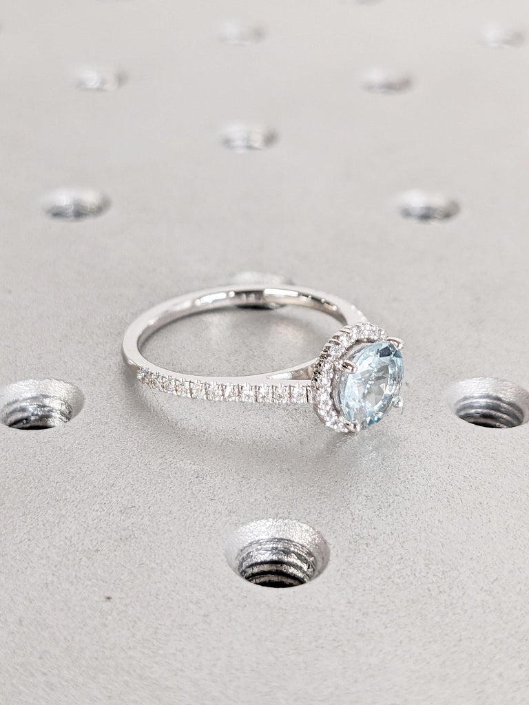 Round Cut Lab Aquamarine Engagement Ring, 14k White Gold Women Comfort Fit Wedding Band, Art Deco Aquamarine Ring, Diamond Halo Promise Ring