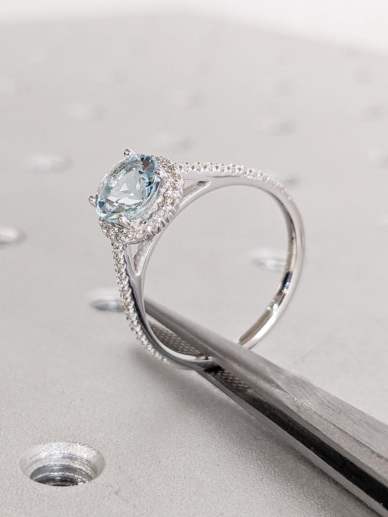 Vintage Lab Aquamarine Ring, Half Eternity 14k White Gold Comfort Fit Rings, Unique Moissanite or Diamond Halo Wedding Ring, Gift for Wife