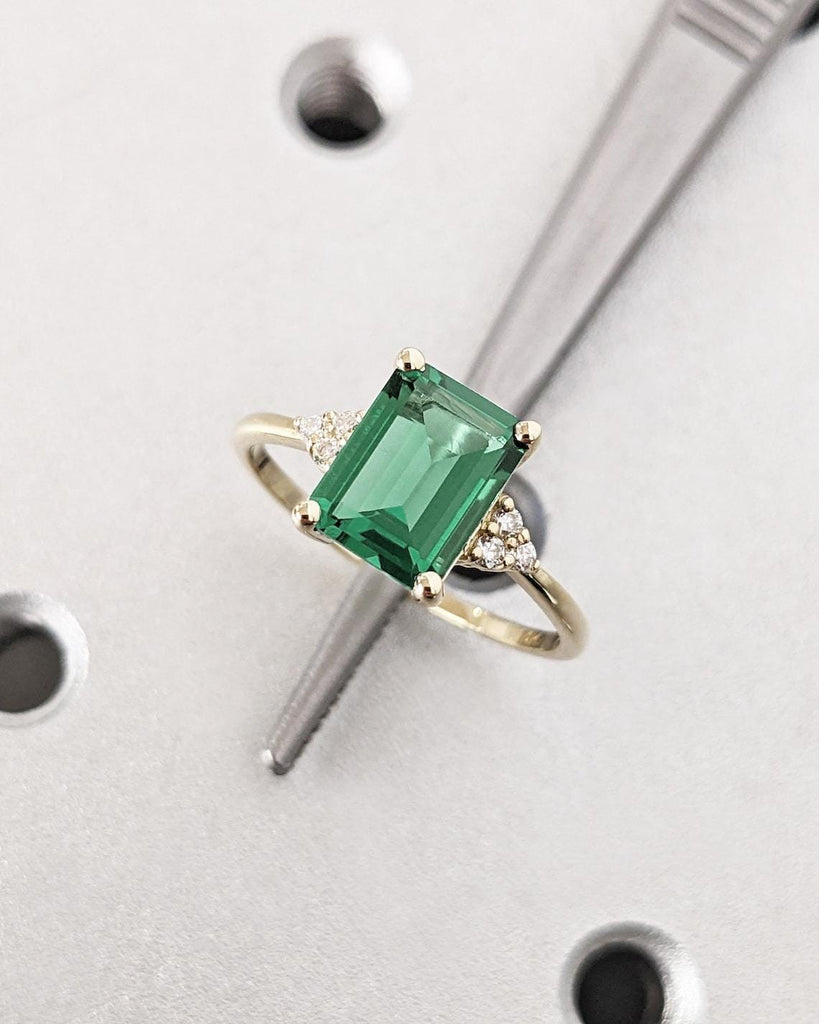 14K Rose Gold Green Sapphire Engagement Ring | 18k Solid Gold Sapphire Ring | Dainty Emerald Cut Lab Sapphire Ring | Sapphire Solitaire Ring