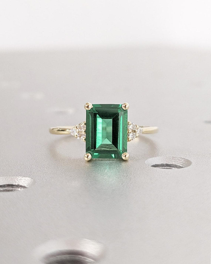 14K Yellow Gold Green Sapphire Engagement Ring | 18k Solid Gold Sapphire Ring | Dainty Emerald Cut Lab Sapphire Ring | Sapphire Solitaire Ring