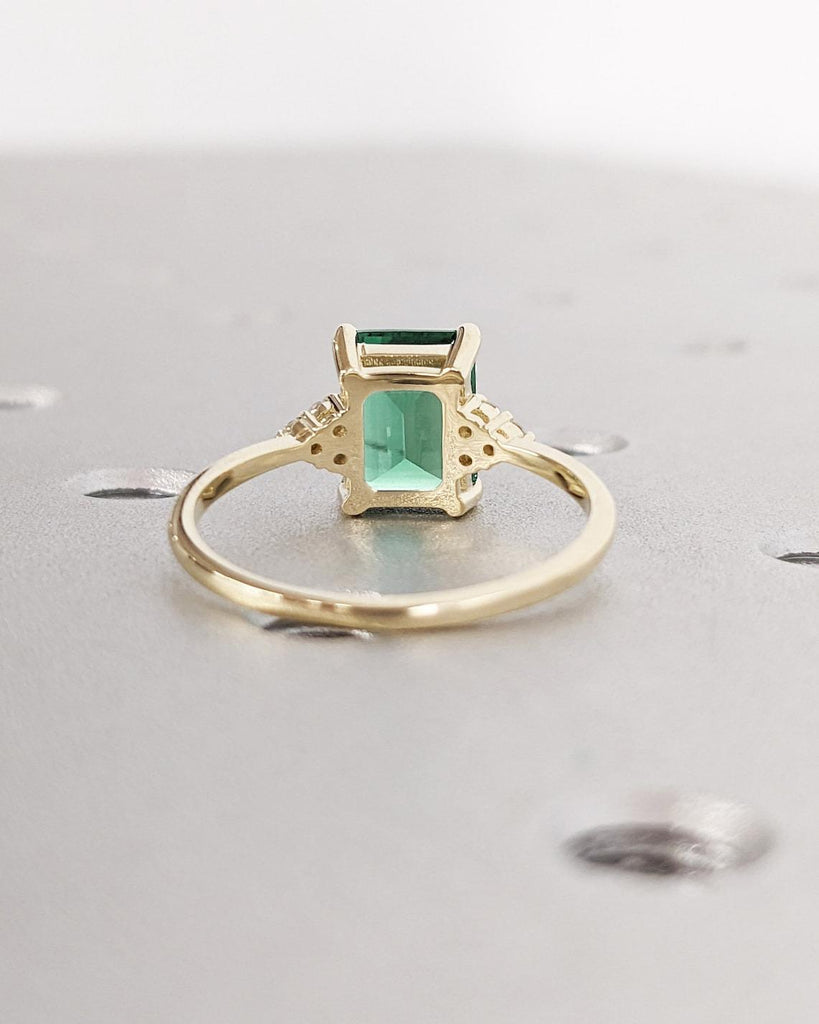 14K Rose Gold Green Sapphire Engagement Ring | 18k Solid Gold Sapphire Ring | Dainty Emerald Cut Lab Sapphire Ring | Sapphire Solitaire Ring