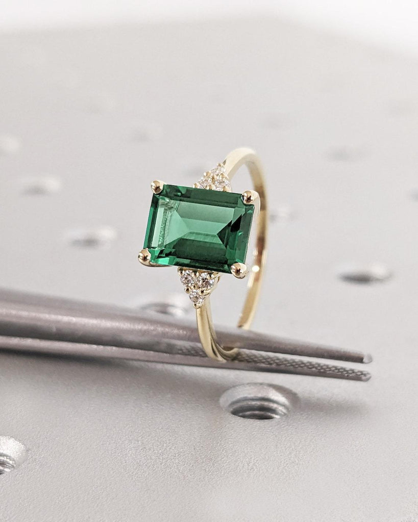 14K Rose Gold Green Sapphire Engagement Ring | 18k Solid Gold Sapphire Ring | Dainty Emerald Cut Lab Sapphire Ring | Sapphire Solitaire Ring
