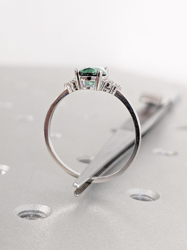 Vintage Sapphire Solitaire Ring | Green Gemstone Platinum Engagement Ring | Woman Bridal Ring | Diamond Cluster Ring | Handmade Jewelry