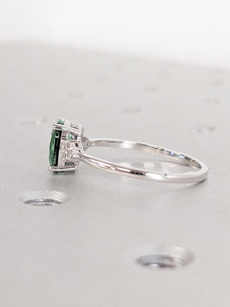 Vintage Sapphire Solitaire Ring | Green Gemstone Platinum Engagement Ring | Woman Bridal Ring | Diamond Cluster Ring | Handmade Jewelry