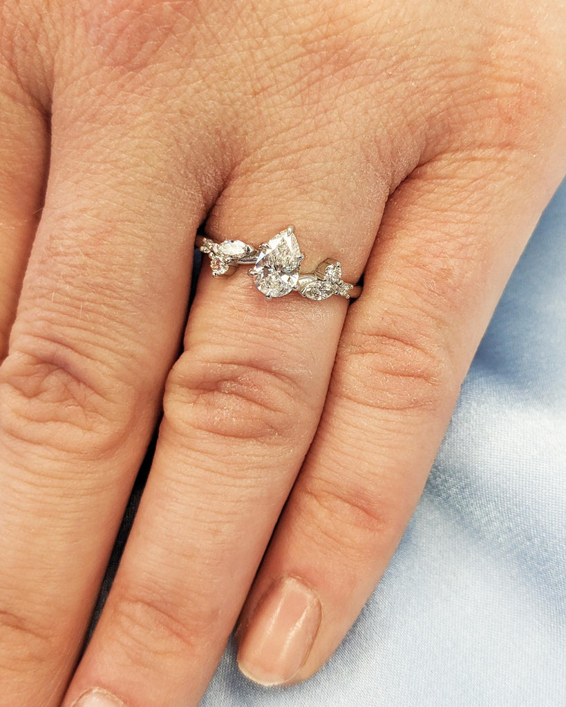 Certified Lab Created Diamond Ring | 14k Rose Gold Engagement Ring | Pear cut Ring | Nature Inspired Ring | Rustic Engagement Ring for Her