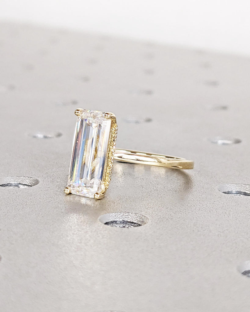 Hidden Halo 13X6 Elongated Emerald Cut Solitaire Engagement Ring, Emerald Cut Engagement Ring, 3 Ct Solid 14k Moissanite Engagement Ring
