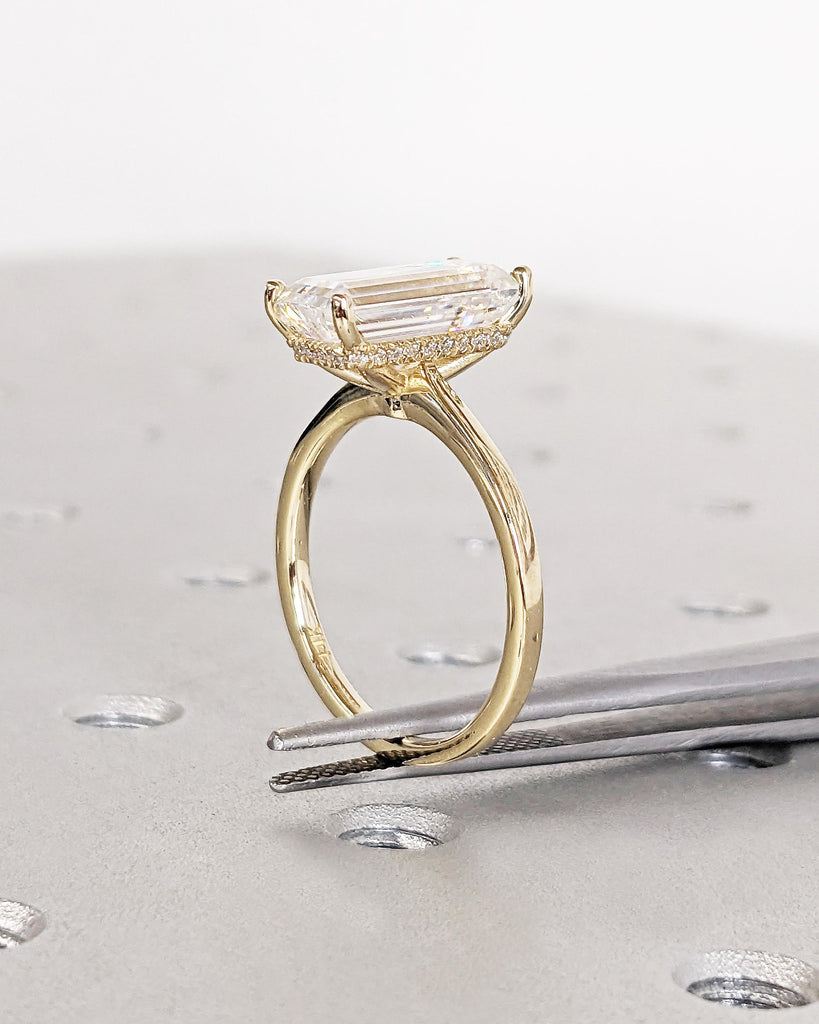 Hidden Halo 13X6 Elongated Emerald Cut Solitaire Engagement Ring, Emerald Cut Engagement Ring, 3 Ct Solid 14k Moissanite Engagement Ring